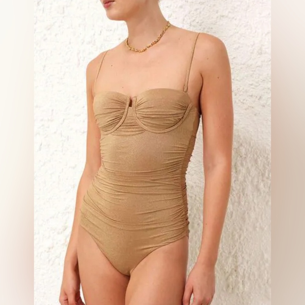 RARE New AQUA Ruched One Piece Swimsuit Gathered Metallic Glitter Gold XS